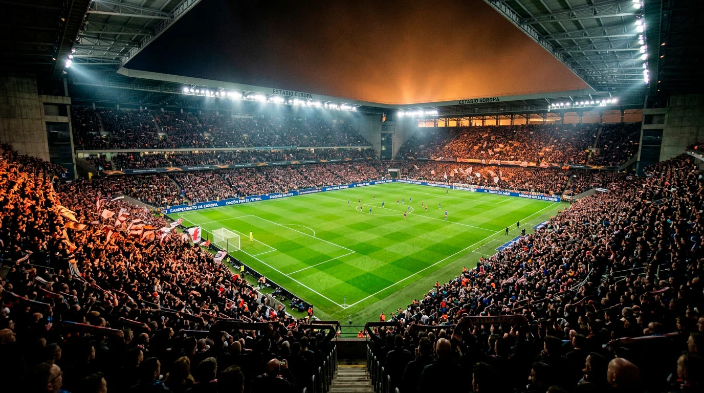 Vista nocturna de un estadio de fútbol europeo con aficionados durante un partido de la Champions League