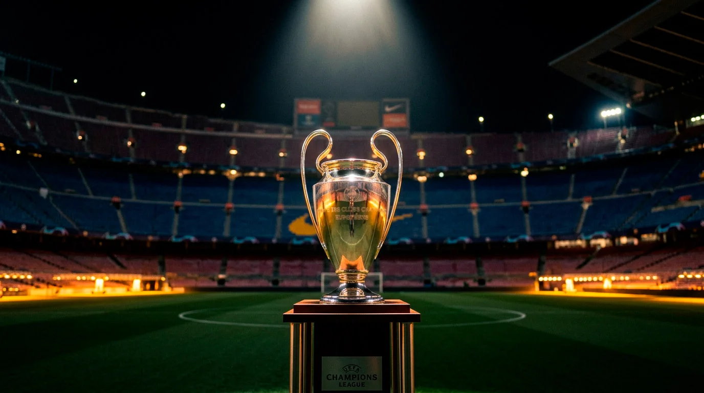 La Orejona, el trofeo de la UEFA Champions League, iluminada sobre un pedestal en un estadio moderno
