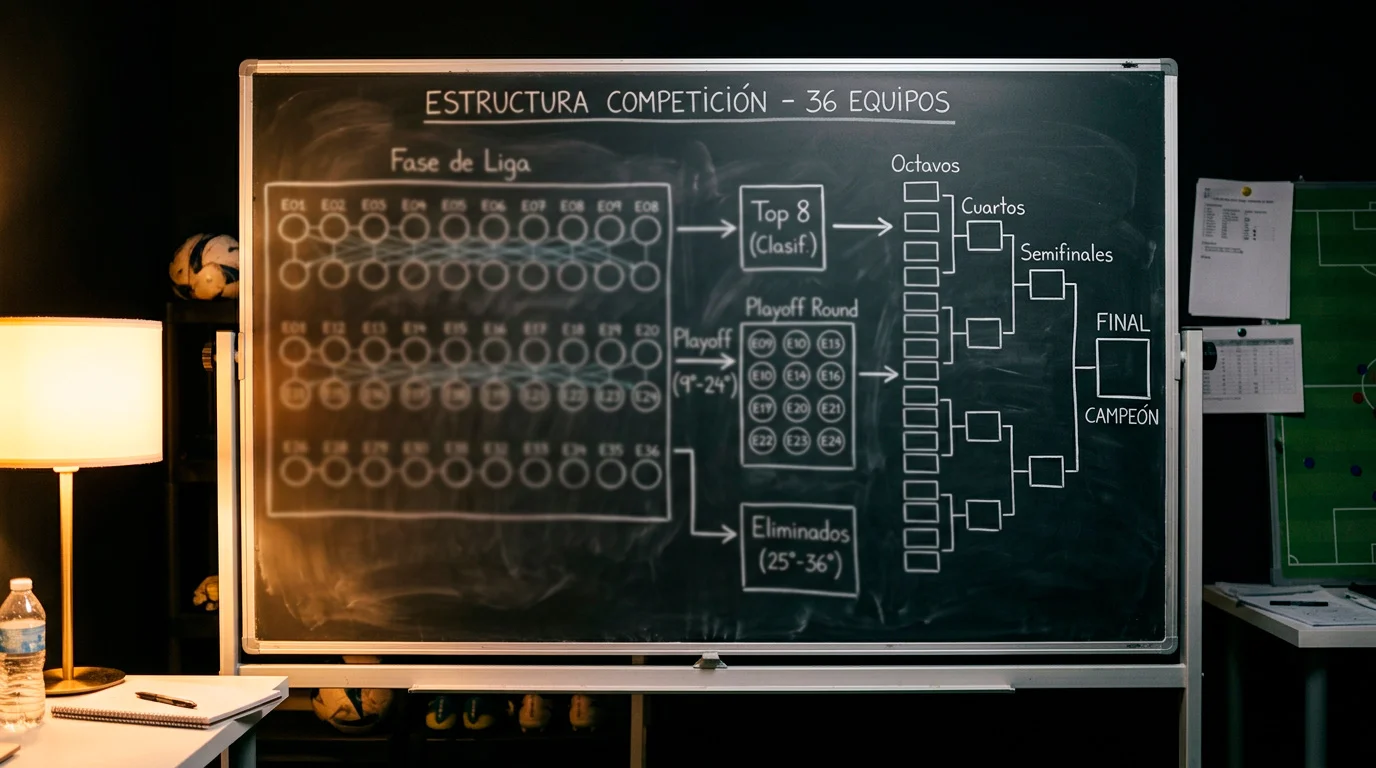 Pizarra táctica con esquema de los 36 equipos y 8 jornadas del nuevo formato de fase de liga de la Champions