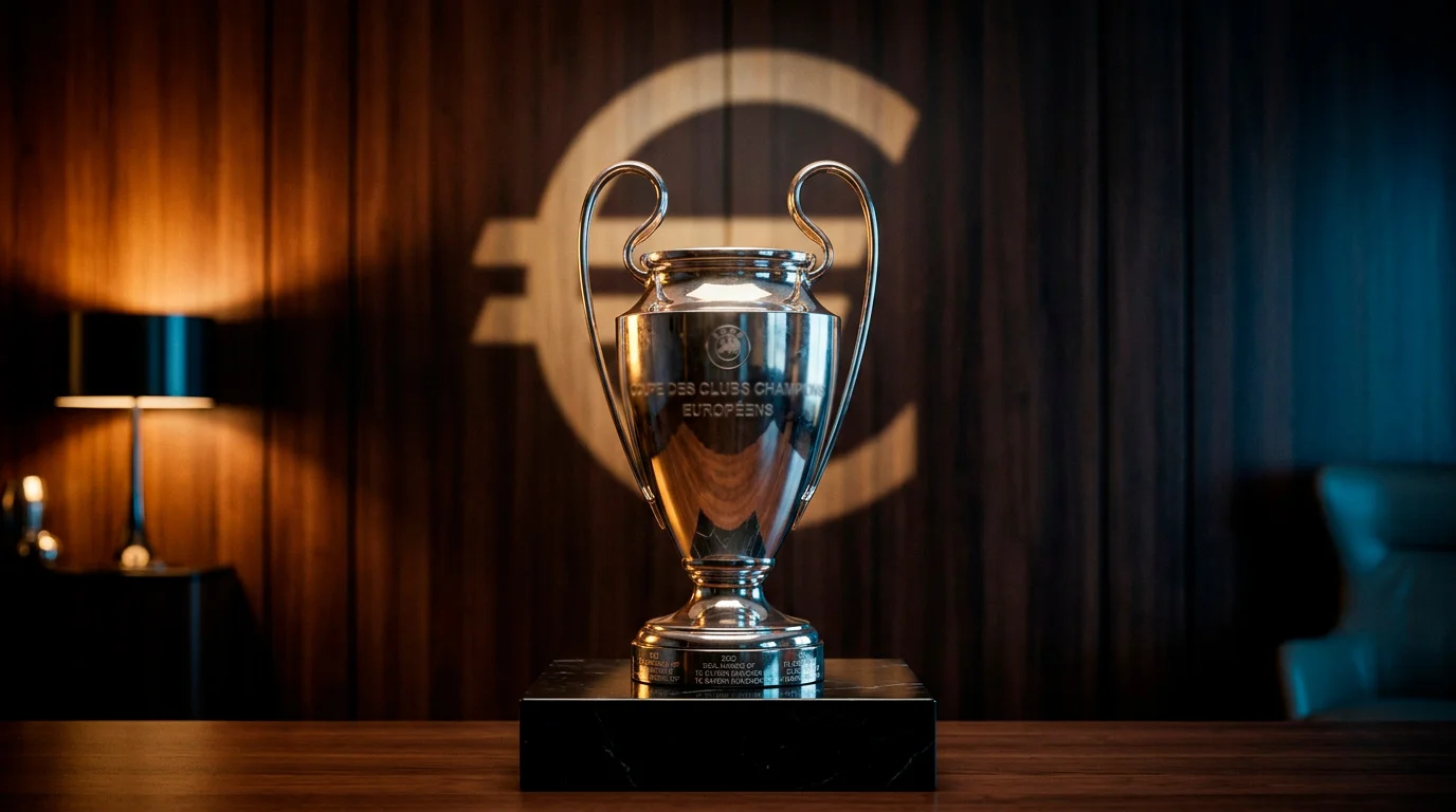 Trofeo de la Champions League sobre un pedestal con el símbolo del euro en el fondo, representando el reparto UEFA