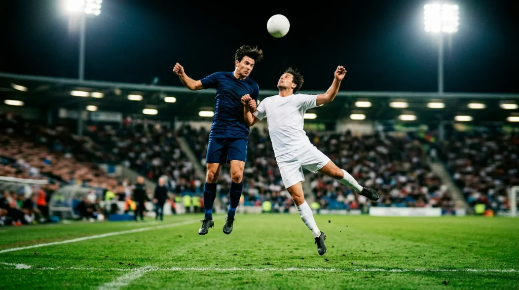 Jugadores de fútbol disputando un balón aéreo durante un partido nocturno en un estadio iluminado