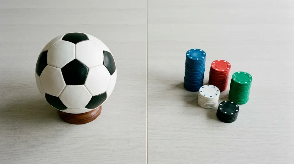 Mesa de oficina con un balón de fútbol a un lado y fichas de casino al otro lado