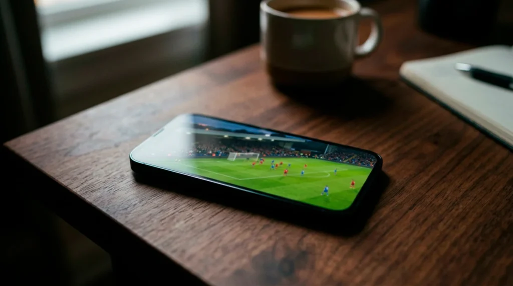 Pantalla de teléfono móvil mostrando un partido de fútbol en directo sobre una mesa
