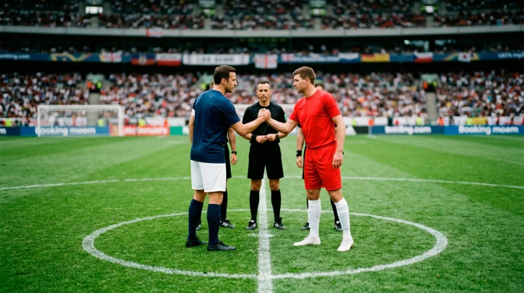 Dos capitanes de fútbol estrechándose la mano en el centro del campo antes de una final