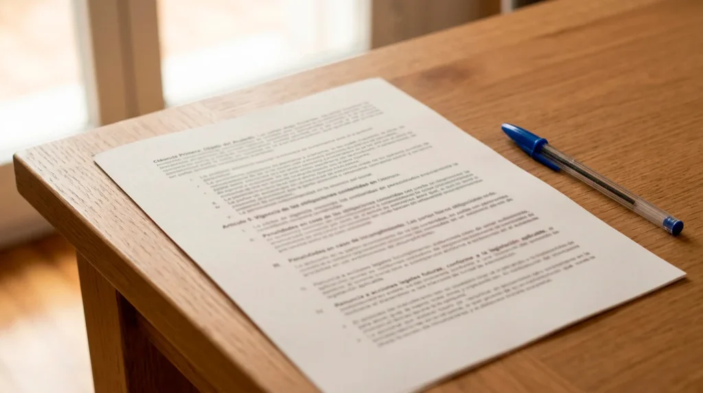 Documento impreso con letra pequeña sobre una mesa de escritorio junto a un bolígrafo