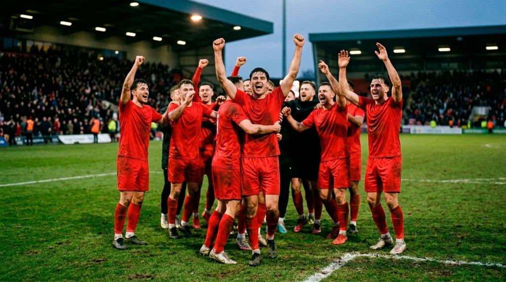 Equipo de fútbol celebrando una victoria con los brazos en alto sobre el césped del estadio