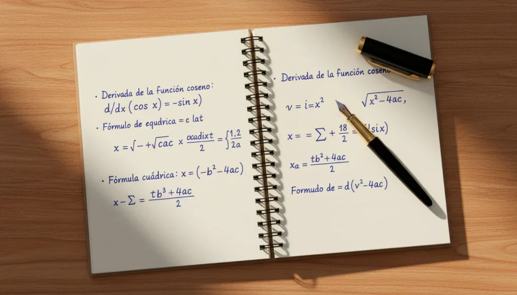 Cuaderno abierto con fórmulas matemáticas escritas a mano sobre una mesa de madera