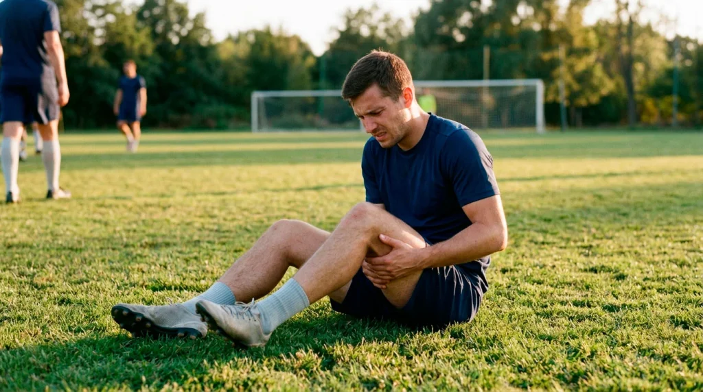 Jugador de fútbol sentado en el césped sujetándose la pierna tras una lesión