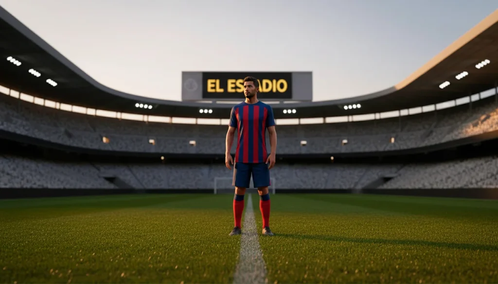 Jugador con camiseta azulgrana del Barcelona bajo las luces de un estadio de fútbol