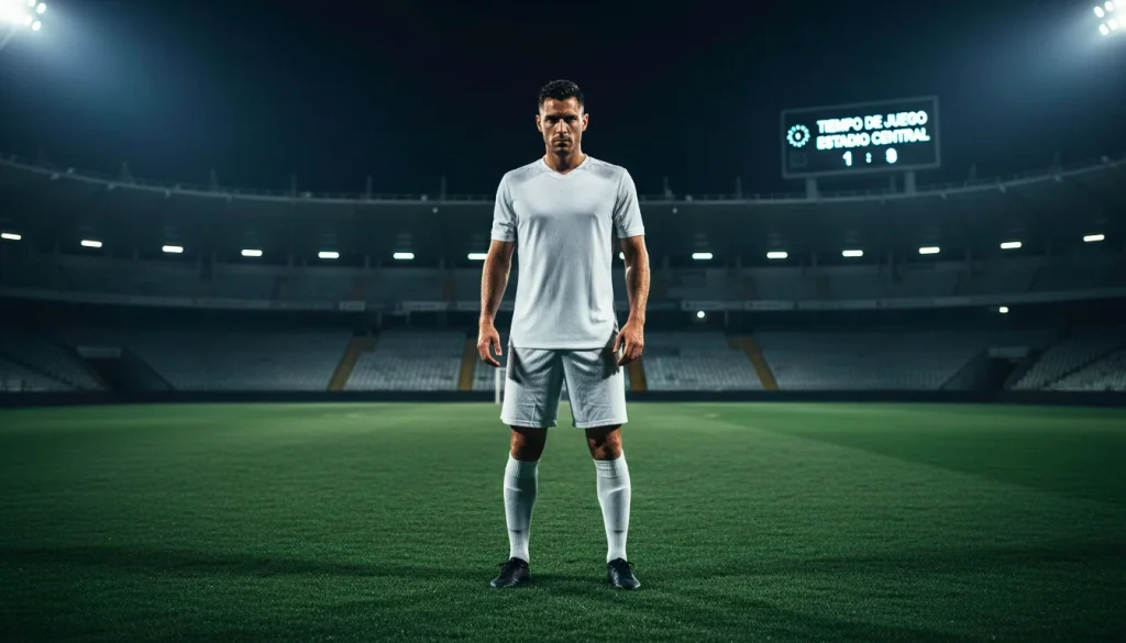 Jugador con camiseta blanca del Real Madrid bajo las luces de un estadio de fútbol