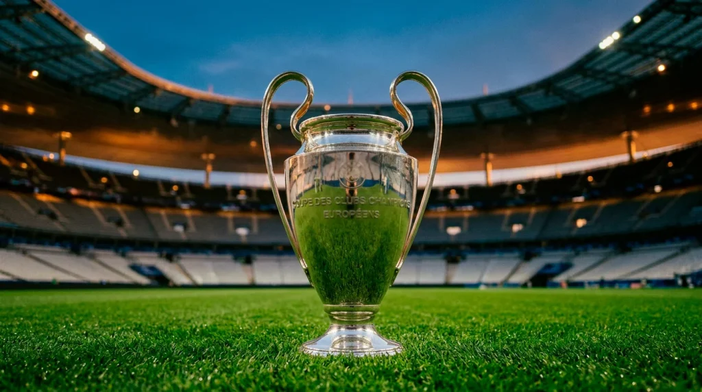 Trofeo de la Champions League iluminado en primer plano sobre césped de estadio de fútbol al atardecer, con gradas borrosas al fondo