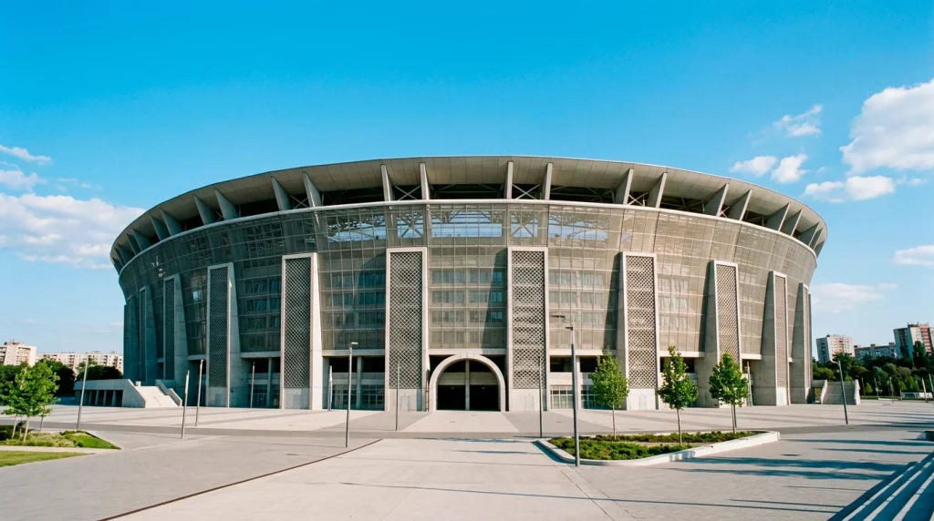 Vista exterior del Puskás Aréna de Budapest con el estadio bajo el cielo despejado