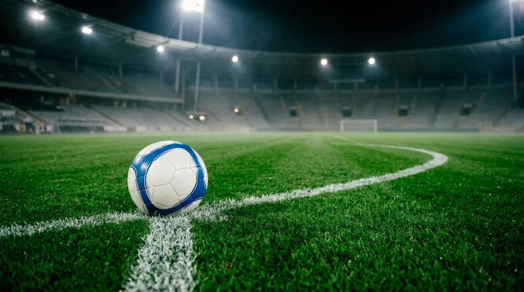 Balón oficial de la Champions League sobre el centro del círculo central en un estadio de fútbol con iluminación nocturna