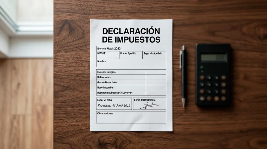 Formulario fiscal impreso sobre una mesa de escritorio junto a una calculadora y un bolígrafo