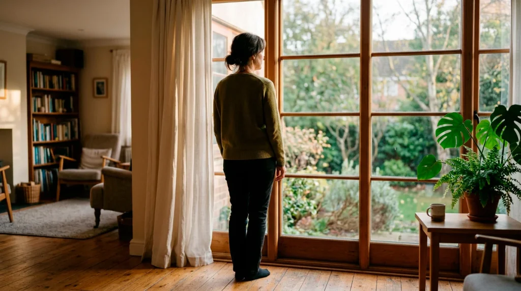 Persona adulta de espaldas mirando por la ventana de su casa en una tarde tranquila, con luz suave entrando desde fuera