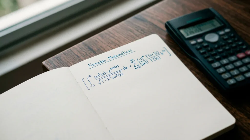 Cuaderno abierto con una fórmula matemática escrita a mano junto a una calculadora científica