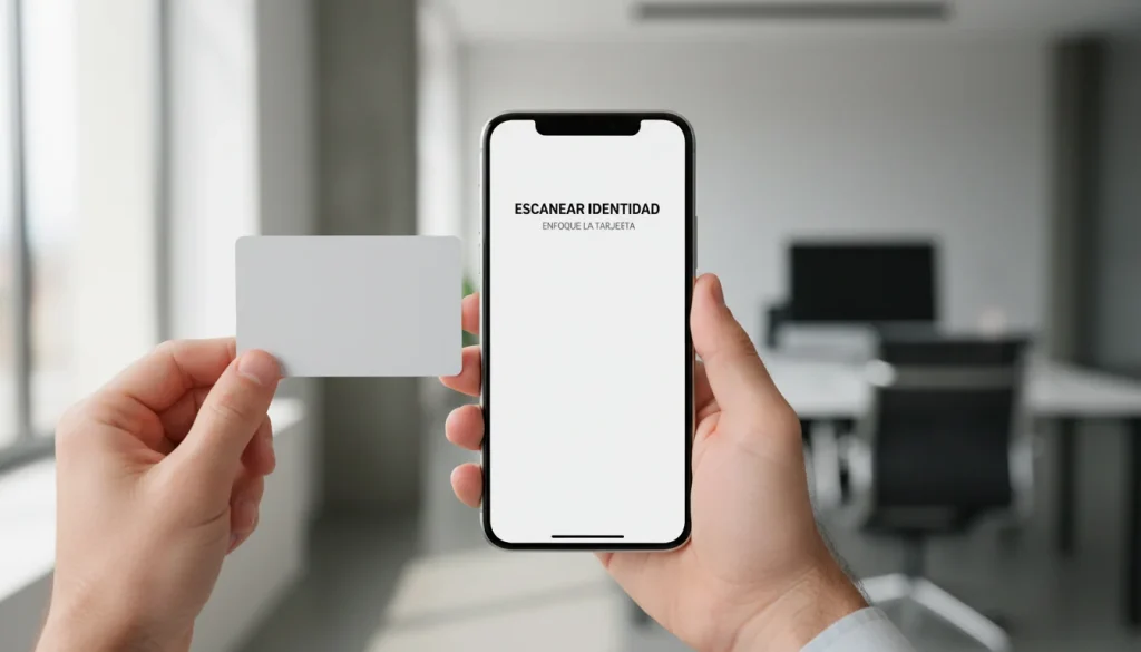 Persona sosteniendo un documento nacional de identidad frente a la cámara de un teléfono móvil