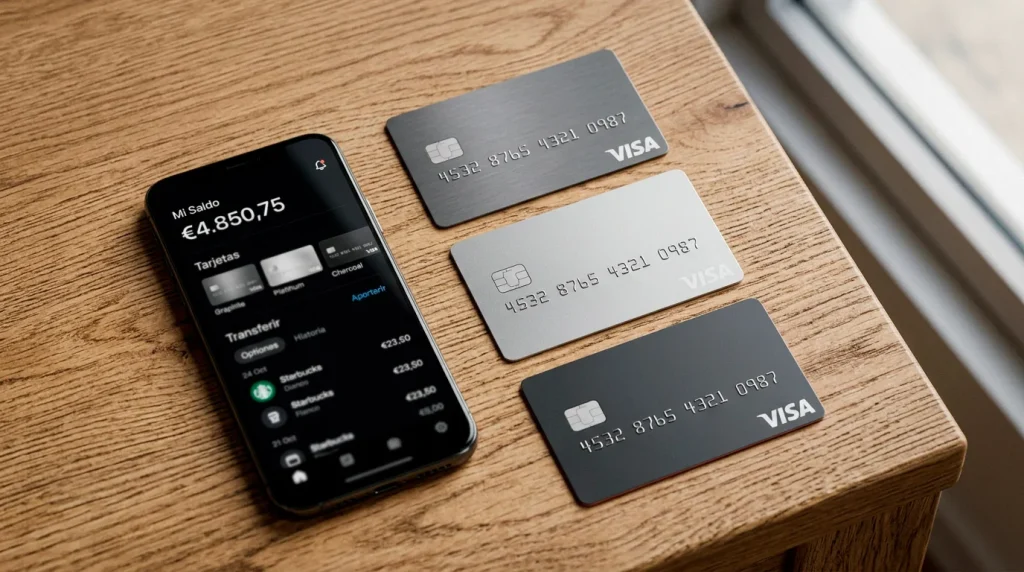 Tarjetas bancarias sobre una mesa junto a un teléfono móvil con aplicación bancaria abierta