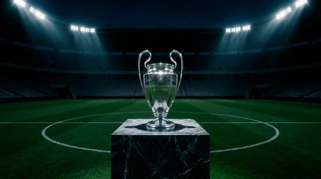 Trofeo de la Champions League sobre pedestal en un estadio vacío, iluminado por los focos del recinto bajo cielo oscuro