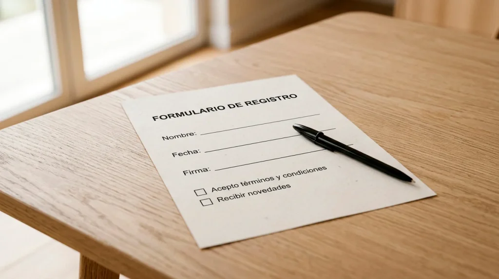 Formulario impreso con casillas de verificación sobre una mesa de escritorio junto a un bolígrafo
