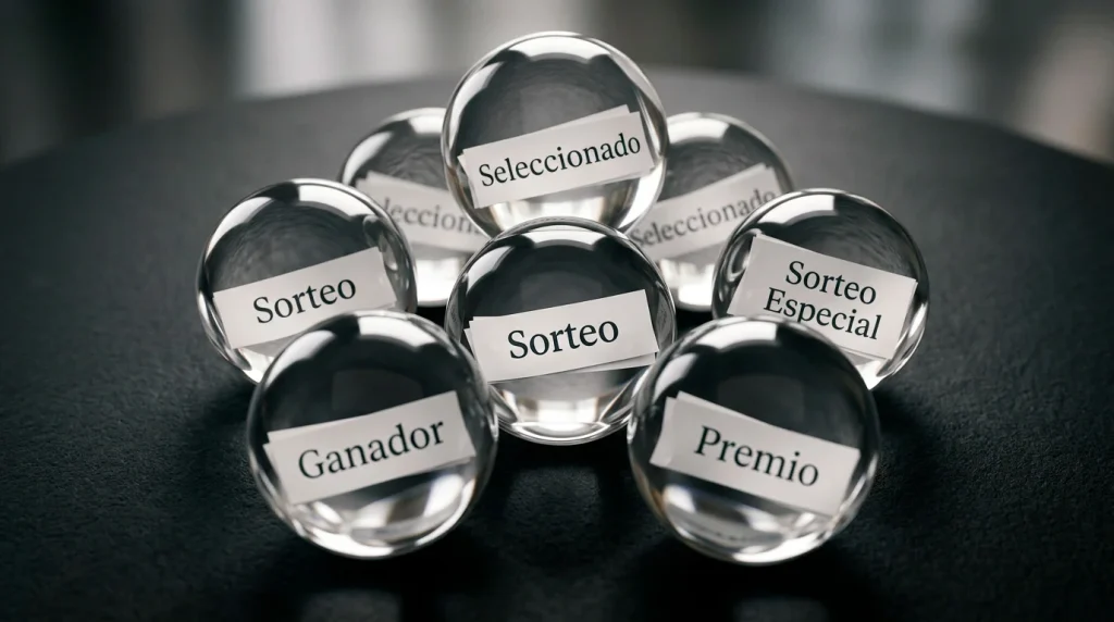 Bolas numeradas de sorteo dispuestas sobre una mesa con iluminación cenital