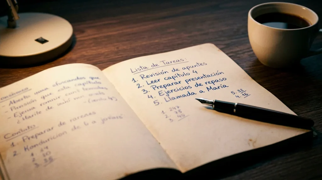 Libreta abierta con anotaciones manuscritas de cálculo y pluma sobre escritorio de madera iluminado por luz lateral cálida