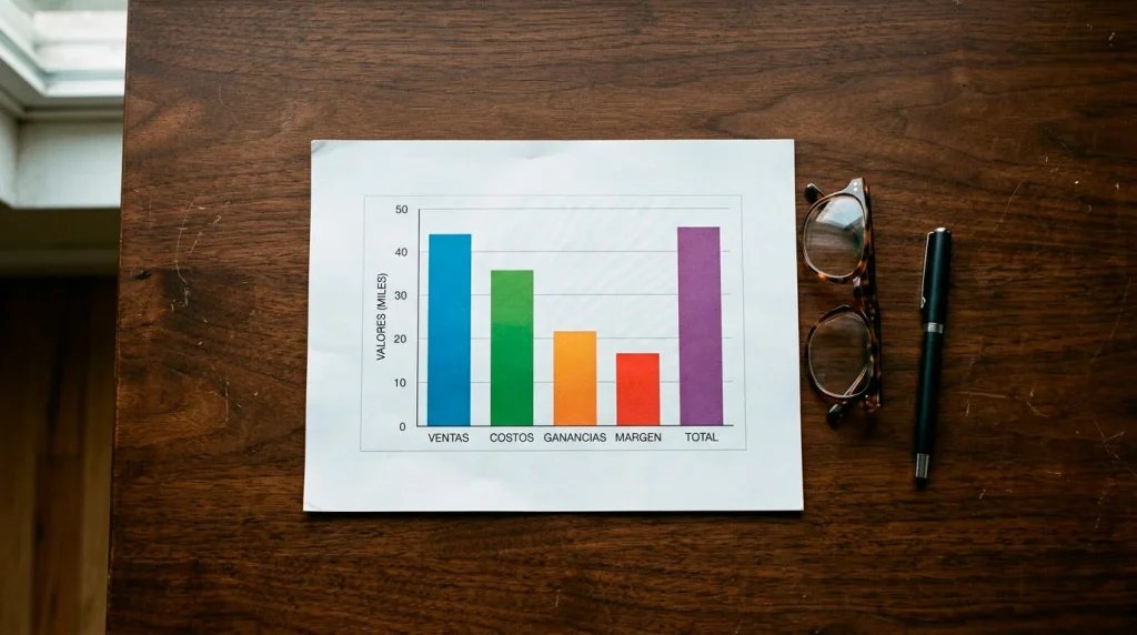 Gráfico de barras comparativo impreso en papel sobre una mesa de escritorio